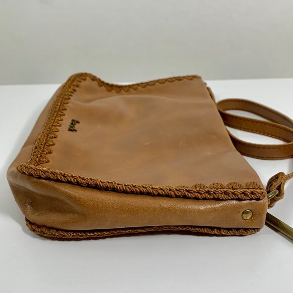Minimalist THE SAK Flora Soft Leather Small Satchel Crocheted Trim Camel Tan - Picture 6 of 13